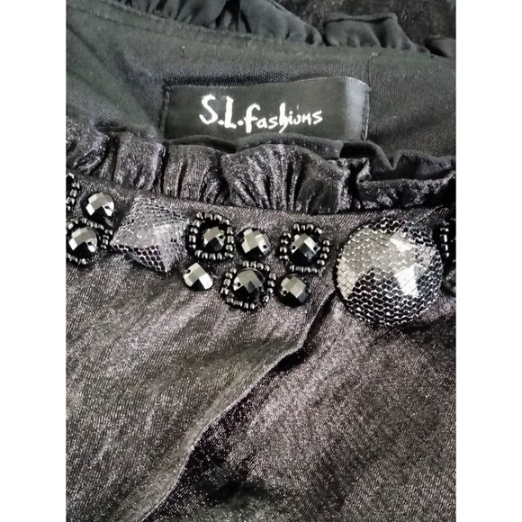 S.L. Fashions Black Embellished Neck Tiered Ruffle Side Zip Dress Size 12 - Picture 5 of 9